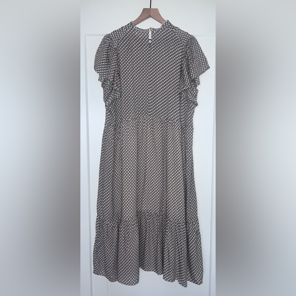 BOHME tiered high neck rayon midi dress in white brown & black print, size XL - Picture 3 of 9